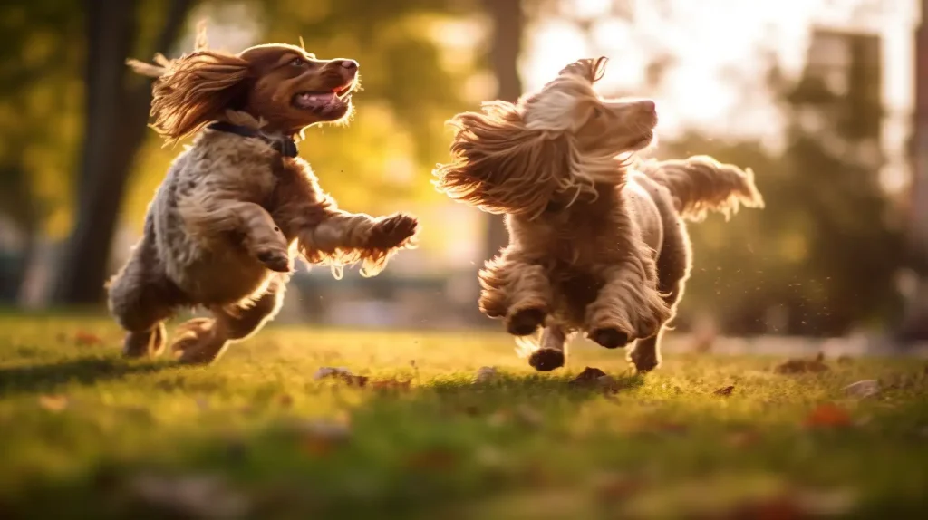 cocker spaniels playing in a park