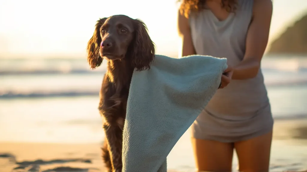Person drying Cocker Spaniel using a towel