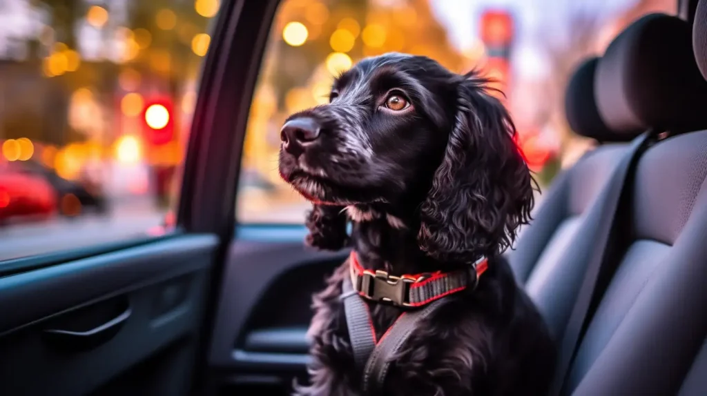 Cocker Spaniel sitting in a car and wearing a harness