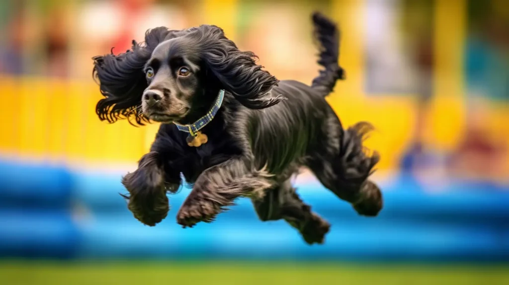 Spaniel jumping over a hurdle