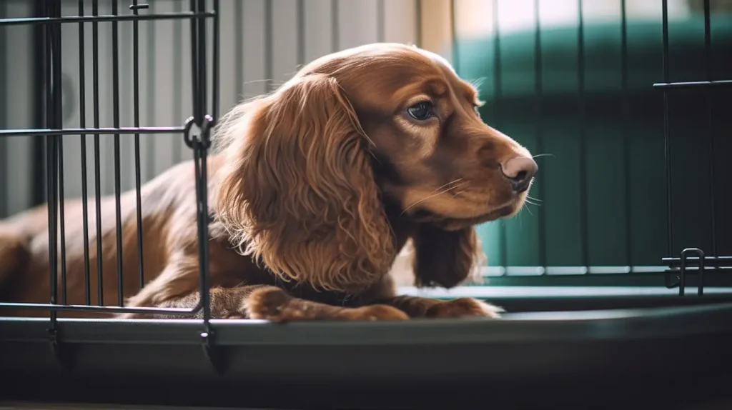 Cocker Spaniel lying in a crate