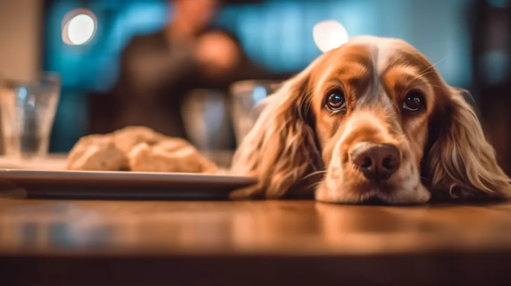 Cocker Spaniel lying next to plate of food
