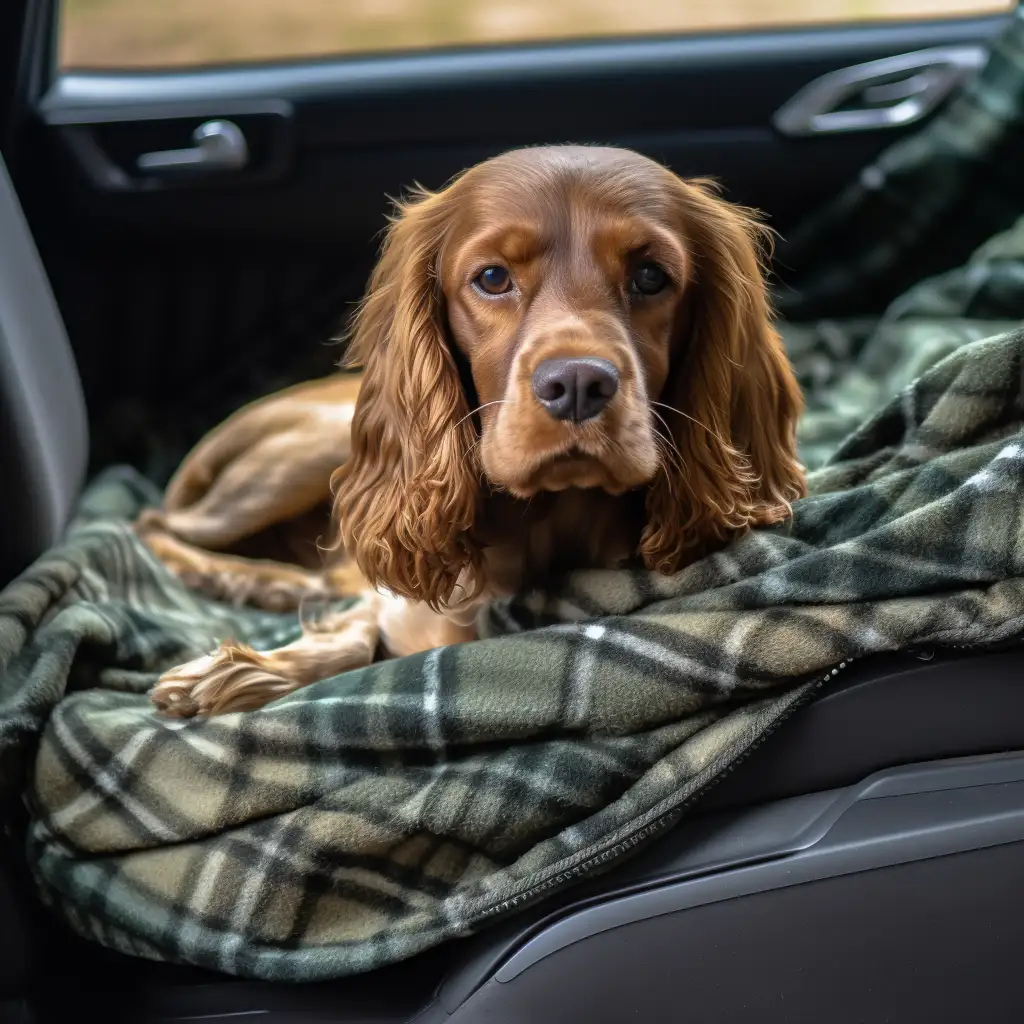 Cocker Spaniel lying on a blanket in a car