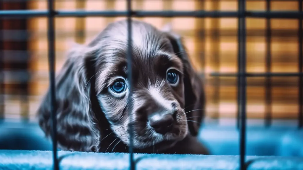 Cocker Spaniel puppy in a crate