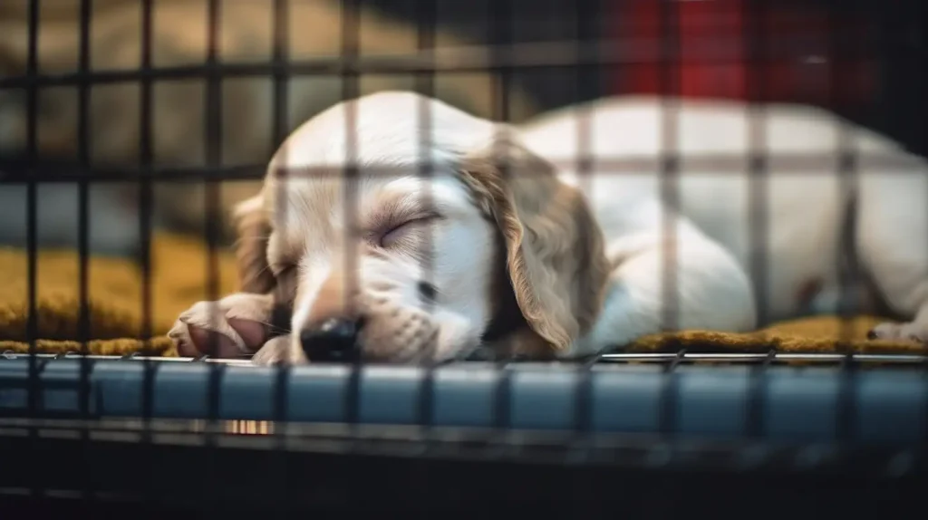 Cocker Spaniel puppy sleeping in a crate