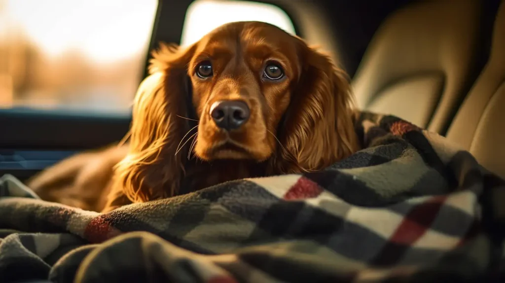 Cocker Spaniel sitting in a blanket in a car