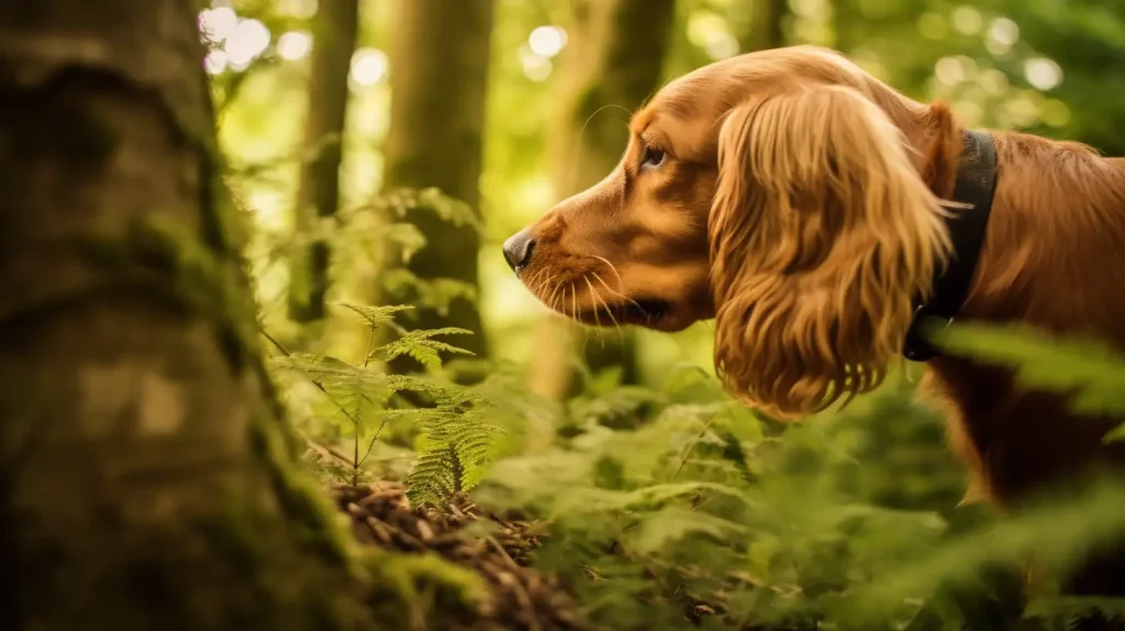 Cocker Spaniel sniffing a tree in a dog-friendly national park