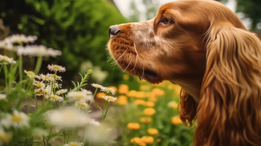 Spaniel sniffing flowers