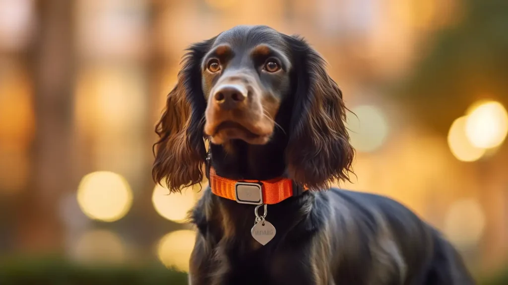 Cocker Spaniel wearing a collar with an ID tag