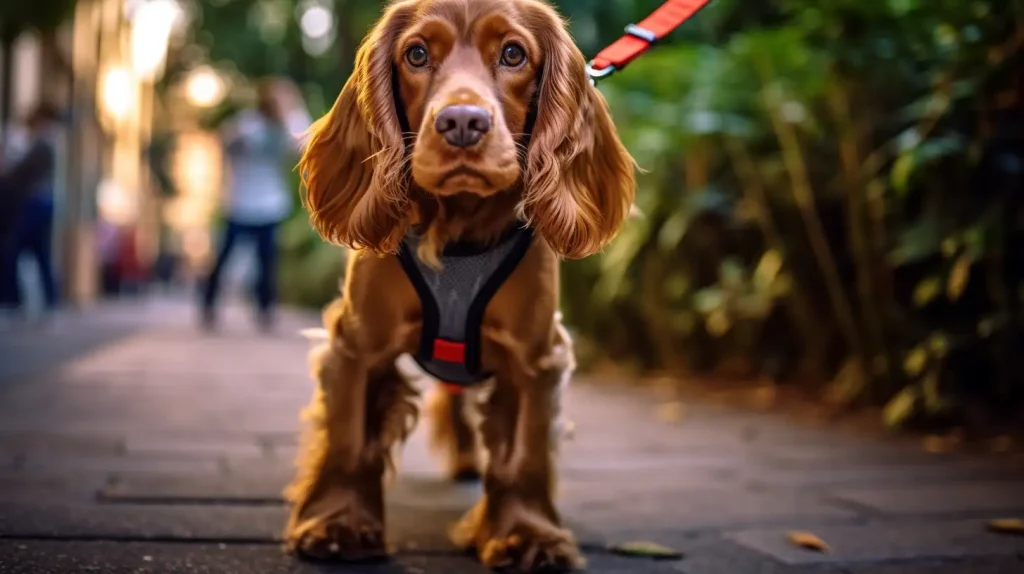 Cocker Spaniel wearing a harness and leash
