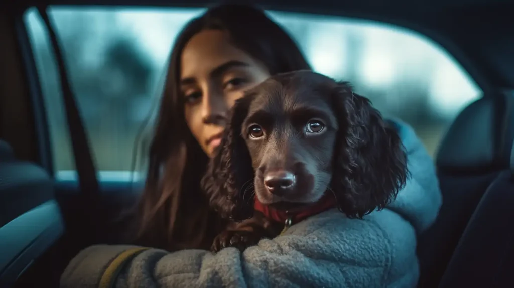 woman and cocker spaniel traveling in a car