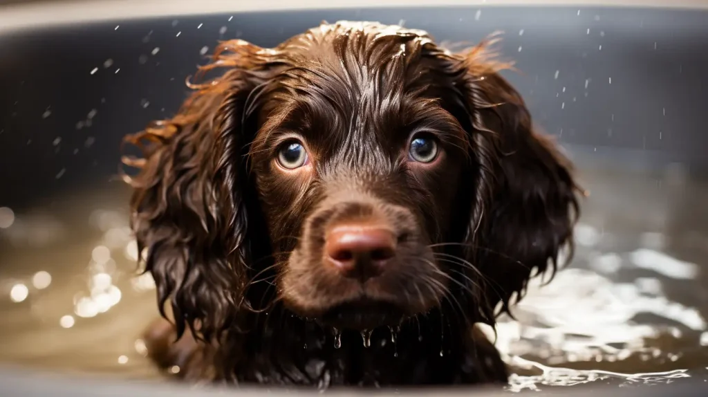 Boykin Spaniel puppy being bathed