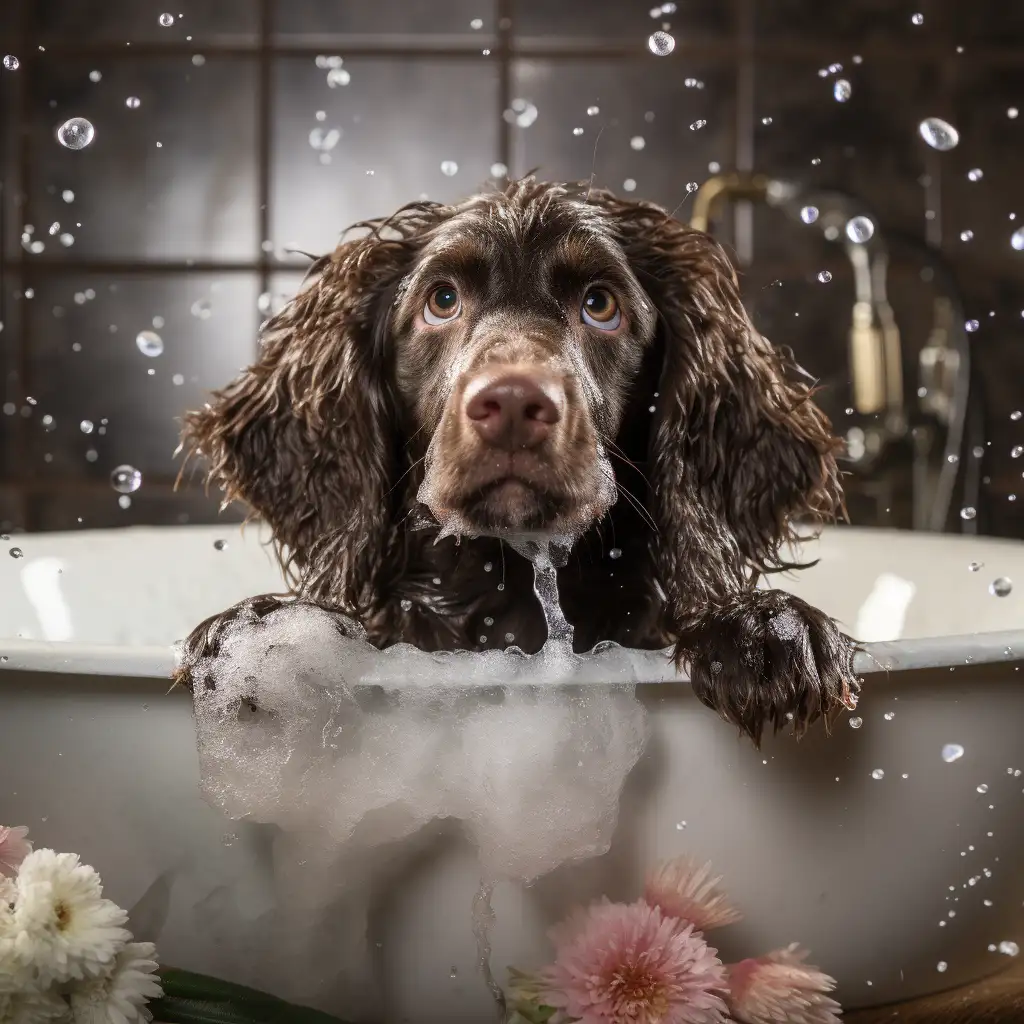 Boykin Spaniel puppy in a bath