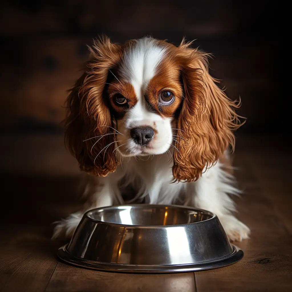 Cavalier King Charles Spaniel next to dog food bowl