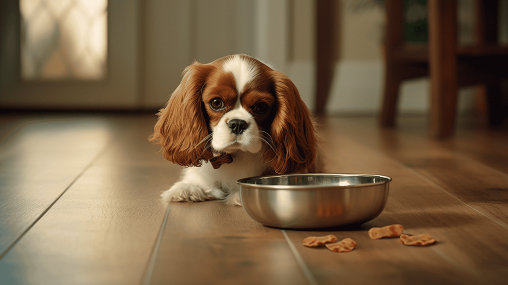 Cavalier King Charles Spaniel eating from bowl on the floor