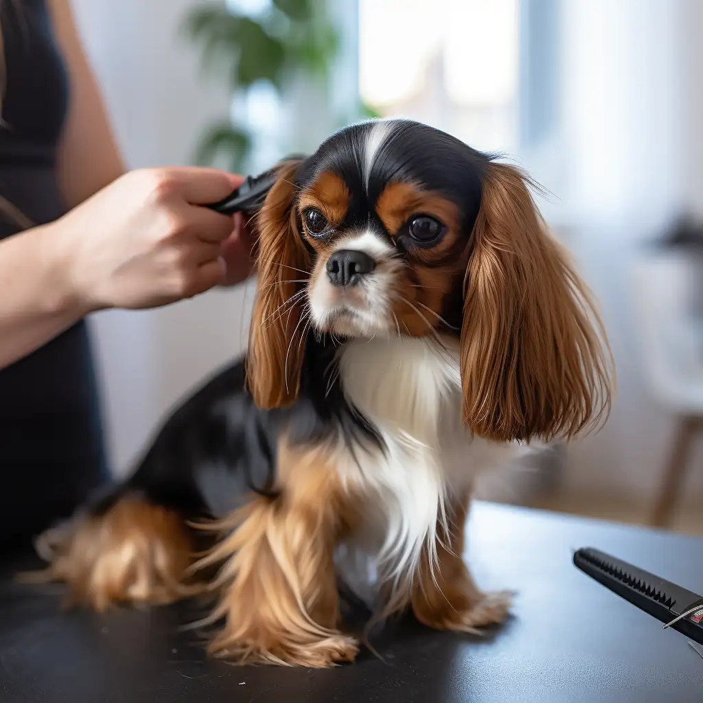 Cavalier King Charles spaniel getting trimmed