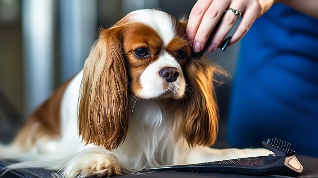 Someone trimming a Cavalier King Charles Spaniel