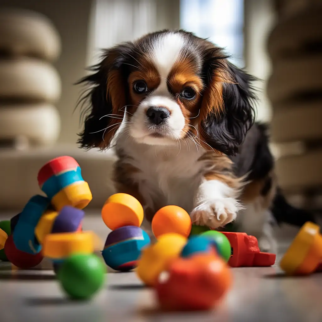 Cavalier King Charles Spaniel playing with dog toys