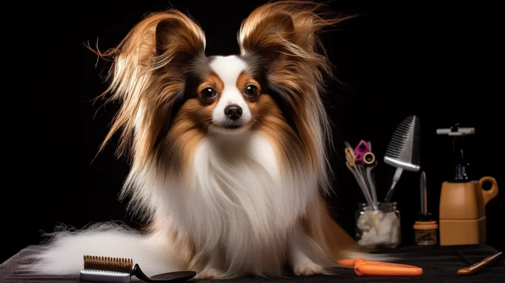 Papillon surrounded by grooming tools