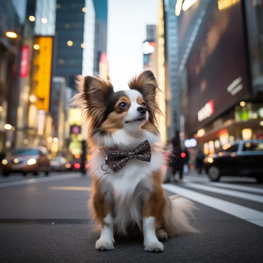 Papillon wearing a bow tie in Tokyo